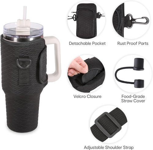 And Per Se Neoprene Water Bottle Carrier Bag - Crossbody Sling for Stanley 40oz Tumbler, Adjustable Strap & Phone Pocket (Black)
