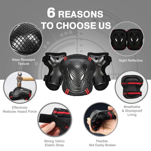Besmall Adjustable Skateboard Skate Helmet with Protective Gear Knee Pads Elbow Pads Wrist Pads for Youth Outdoor Sports, BMX, Skateboard, Scooter, Bike, Roller, Kid's Protective Gear Set Black L
