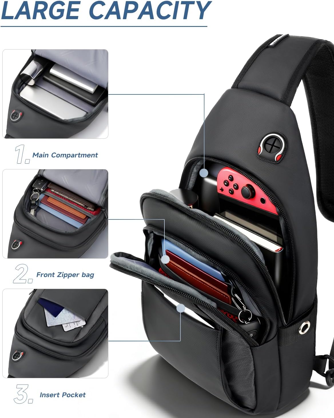 Skiennix Anti-Theft Sling Bag - Water Resistant Crossbody Backpack | Fits iPad Mini & Switch 2 - Black, Medium