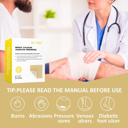 Dr. Med Manuka Honey Calcium Alginate Dressing 2"x2" (10 PCS/Box), Highly Absorbent dressings with Honey for Abrasions, Burns, Diabetic Foot, Pressure Sores and Venous Ulcers Faster Wound Care