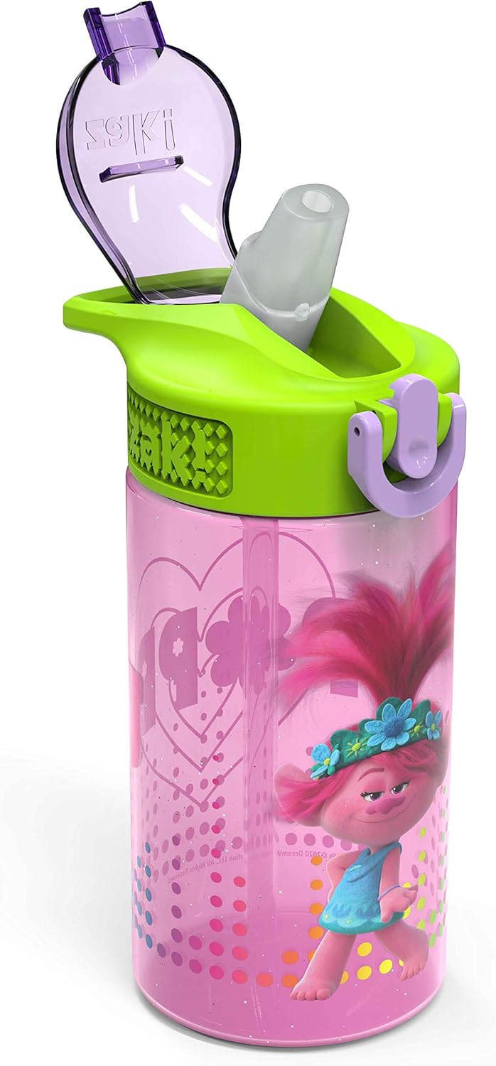 Zak Designs DreamWorks Kids Water Bottle - Durable Leak-Proof Spout Cover | 16oz, 2-Pack, Trolls 2 Design