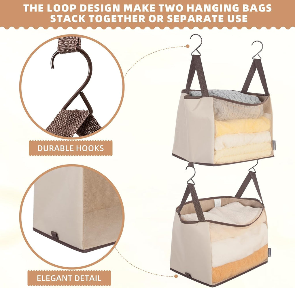 Storage Maniac 2-Shelf Hanging Closet Organizer - Beige Canvas Shelf with Hooks for Dorm & Bedroom