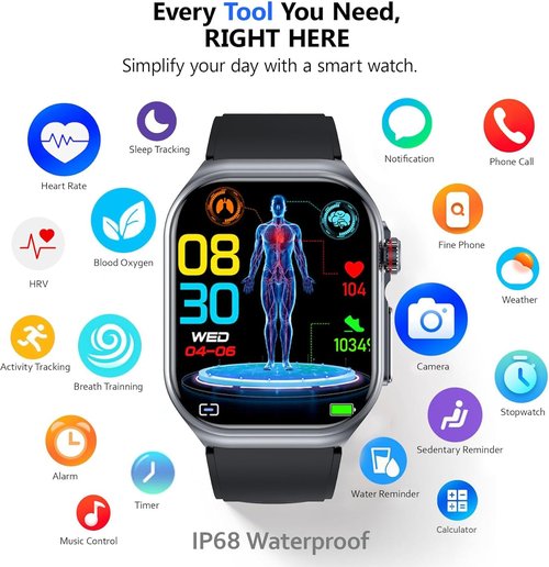 Health Smart | Fitness Tracker Smart Watch for Men & Women - 1.87'' Display, Heart Rate, Sleep & Stress Monitor, IP68 Waterproof, Black