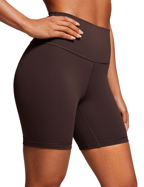 CRZ YOGA Women's Naked Feeling Biker Shorts - 6 Inches High Waist Yoga Workout Running Gym Spandex Hot Fudge Brown Medium