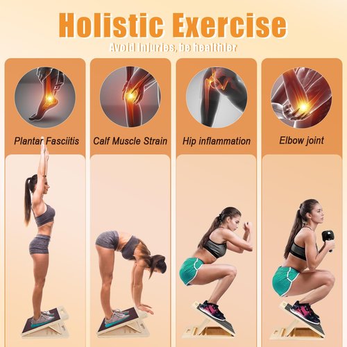 Wooden Slant Board for Calf Stretching, Adjustable Calf Stretch Board with Training Poster & Resistance Bands, 300lb Weight Capacity Calf Ankle Achilles Physical Therapy Leg Exercisers Portable