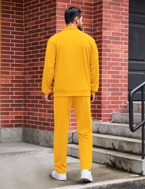 LecGee 2 Piece Athletic Set For Men Casual Color Bock Coat and Adjustable Drawstring Sports Pant Outfits(Yellow,XX-Large)