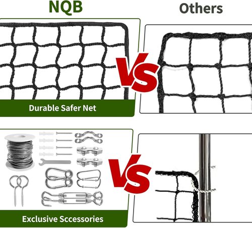 NQB Baseball Softball Backstop Nets - Heavy Duty Sports Nets, Sports Netting Barrier with 33FT Rope & Steel Hanging Kit, Sport Nets for Baseball Basketball Soccer Lacrosse Hockey