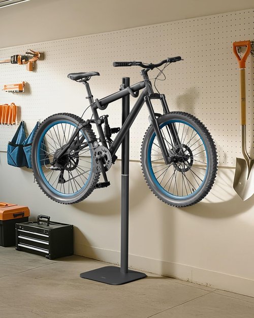 Viozon Adjustable Bike Floor Stand, Aluminum Alloy Vertical Bicycle Storage Rack with Height & Angle Adjustment, EVA Protective Hooks & Wheel Strap, Max Load 33lbs, Space-Saving Bike Rack