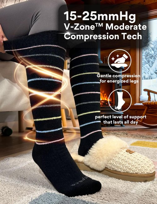 Juclise Alpaca Wool Heavyweight 15-25 mmHg Knee High Compression Support Socks Thick Winter Thermal Warm Soft (US, Alpha, Large, Regular, Regular, Black Lines+Dusty Pink Lines)