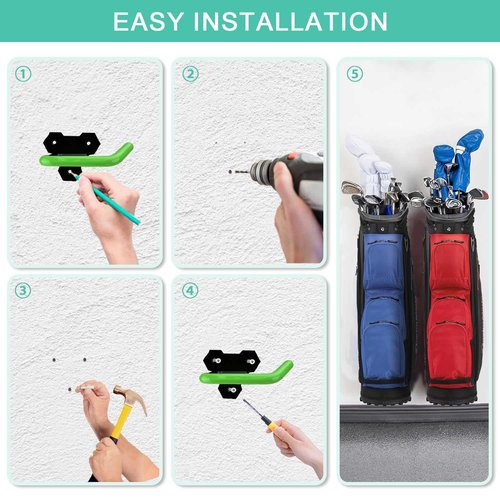 FEYRUN Wall Mounted Golf Bag Hook, 2 Bags Storage Racks Perfect for Garage Organization, Space Saving Hanging Organizer (Black)