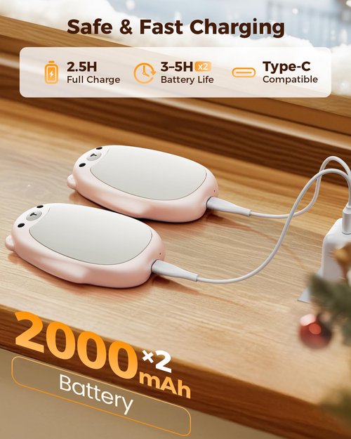 SWEETFULL Hand Warmers Rechargeable – Cute Bear, 2 Pack Magnetic, Reusable Electric Pocket Heater, Great Gift for Daughter, Kids, Wife, or Bestie, Portable for Outdoor & Camping (Pink)