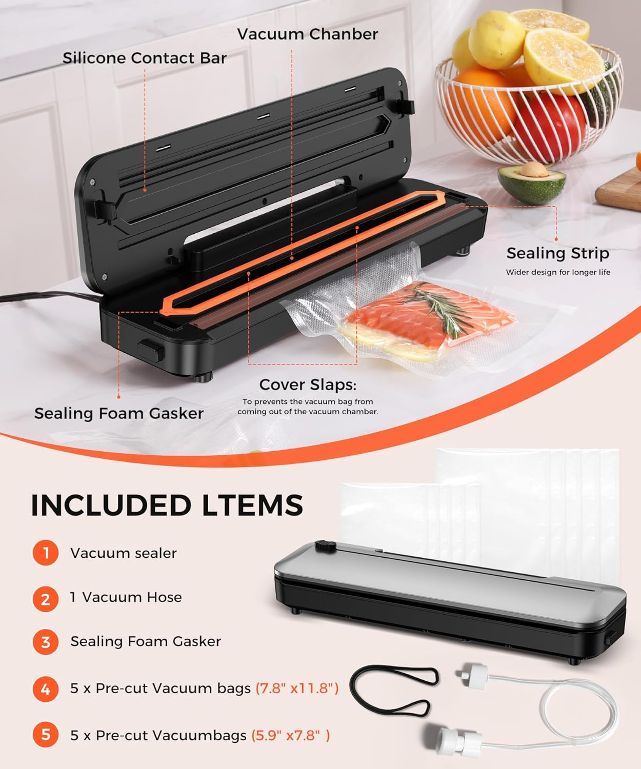 Vacuum Sealer Machine - 75KPa Food Preservation with 6-in-1 Modes & Digital Timer | Compact Design + 10 Bags (Black Silver)