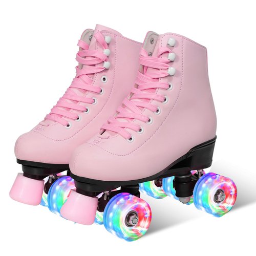 Wiwiy Roller Skates for Women Men, Leather High Top Double-Row Skates Pink, for Beginner Indoor Outdoor Roller Skates(Women's 8.5 / Men's 7.5)