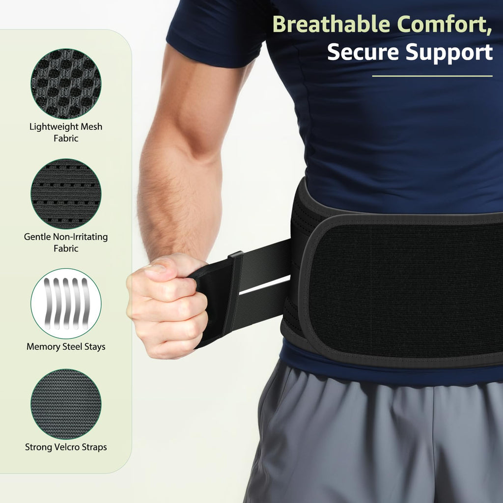 Sohveta Back Brace for Lower Back Pain Relief – Lumbar Support Belt with 5 Steel Stays, Adjustable Compression, Breathable Back Support for Men & Women, Gift Box (Black)