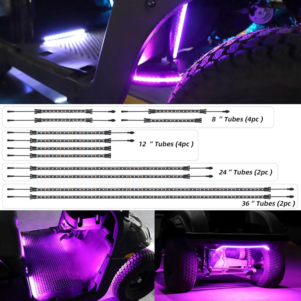 Roykaw Golf Cart LED Strip Lights - Waterproof Neon Accent Kit with Wheel Well & Interior Lights | Million Colors, Sync to Music, Fits 12V-80V, 12 PCS
