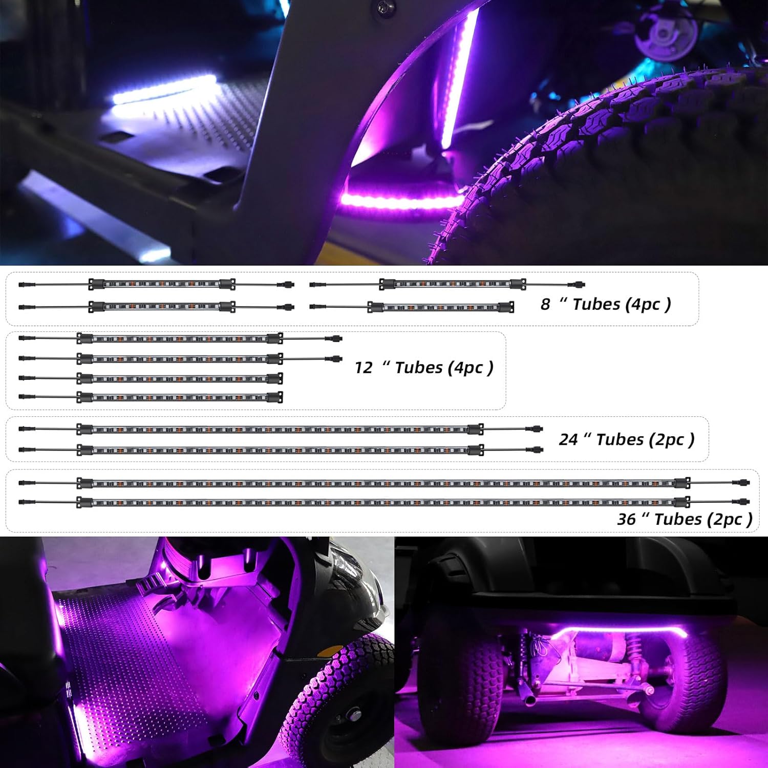 Roykaw Golf Cart LED Strip Lights - Waterproof Neon Accent Kit with Wheel Well & Interior Lights | Million Colors, Sync to Music, Fits 12V-80V, 12 PCS