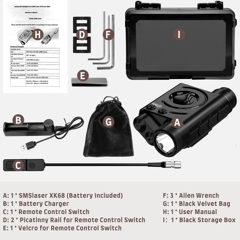SMSlaser Purple Laser Sight + Infrared(IR) Laser Beam + 1200 Lumens Tactical Flashlight, Rifle Ar Laser, Airsoft Ar 15 Beam, Including Battery Charger and Remote Control Switch, Fit for AEG GBB CQB