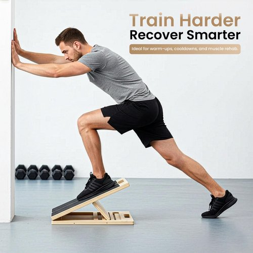 Adjustable Wooden Slant Board for Calf Stretching & Hamstring Flexibility – Professional Incline Calf Stretcher for Home Gym, Squats, Mobility & Rehab with Carry Bag, Loop Band & 2 Sand Papers