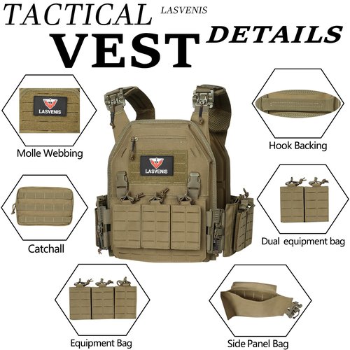 LASVENIS Tactical Vest for Men Weighted Vest Fully Adjustable Outdoor Training Gaming Vests… (Tan)