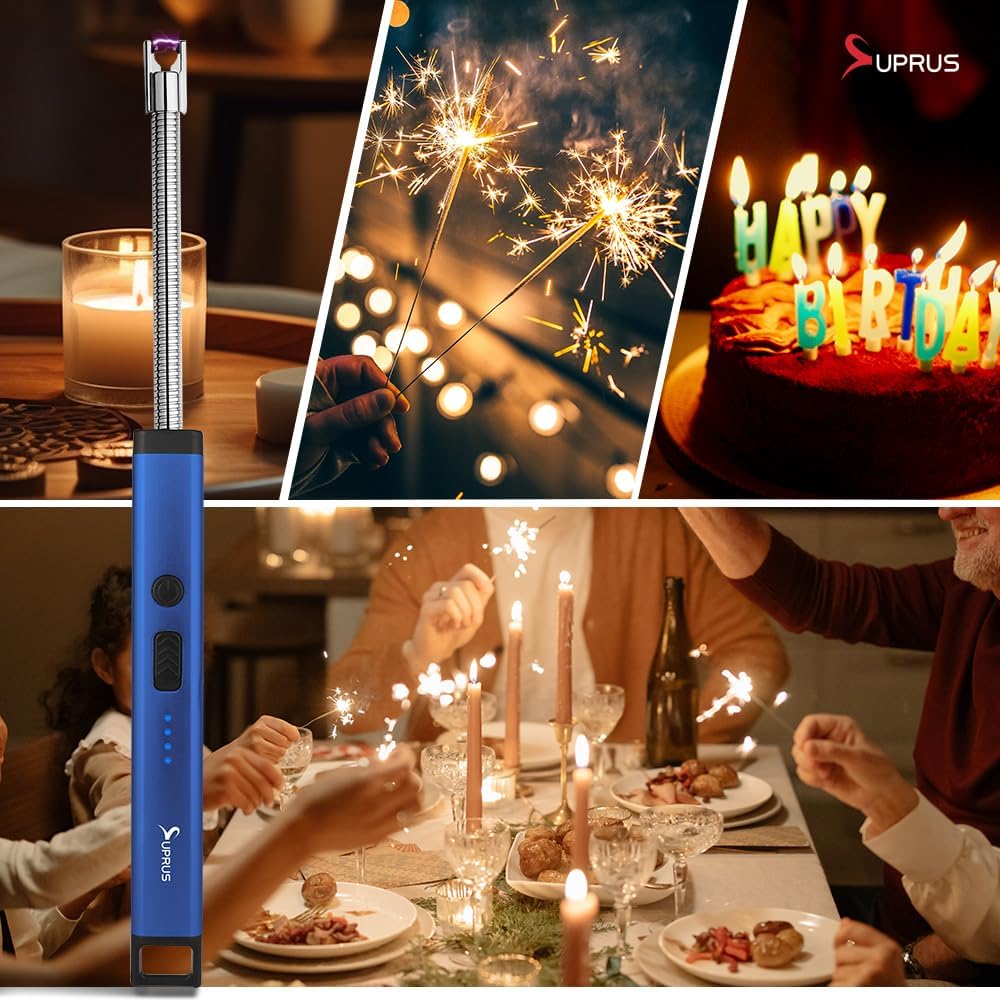 SUPRUS Rechargeable Candle Lighter - Electric Arc with Triple Safety & Stainless Steel Shell | Blue