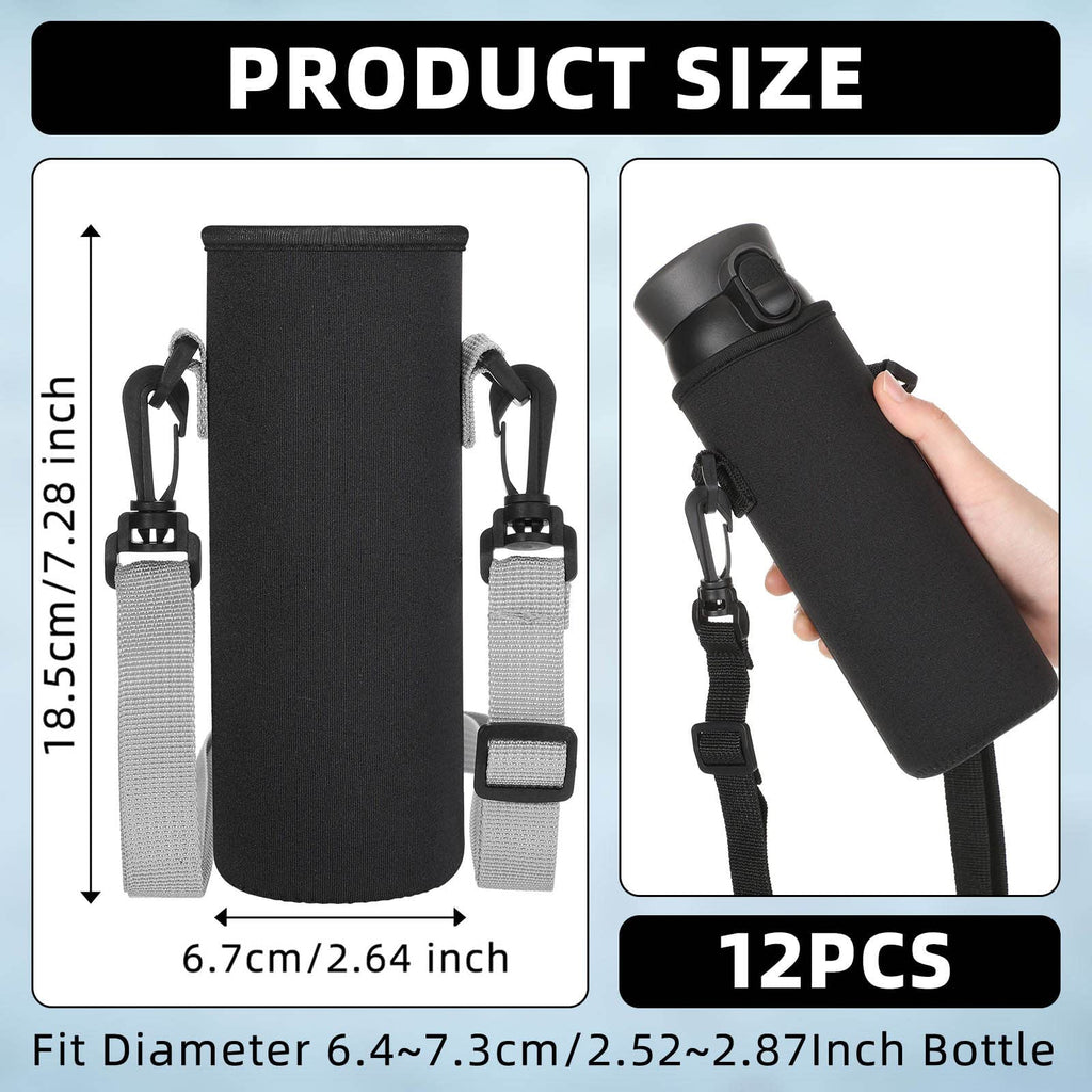 Sabary 12 Pcs Water Bottle Sleeve with Shoulder Strap 25oz Sublimation Water Bottle Holder Carrier Pouch Adjustable Sling Bag for Boys Girls(Black)