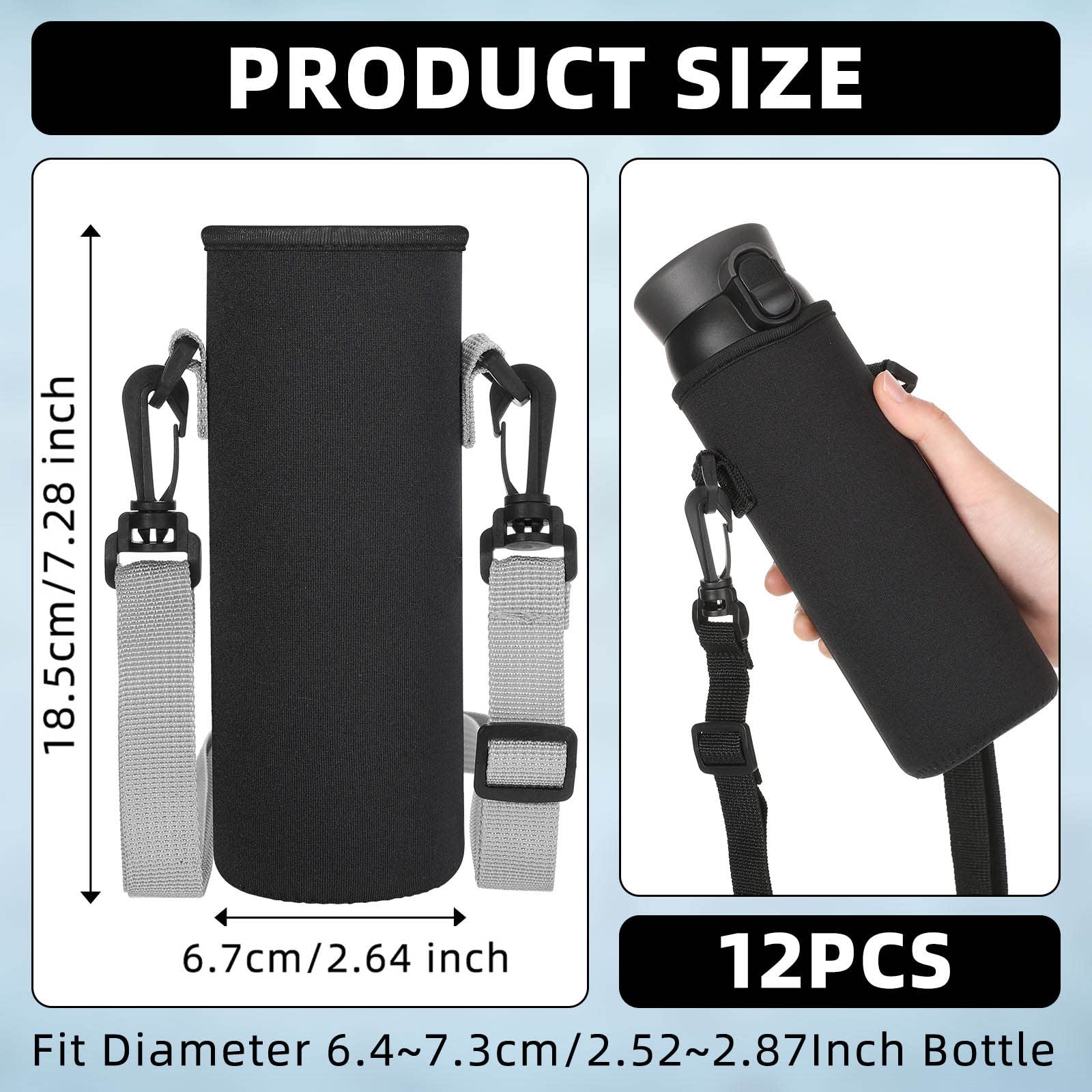 Sabary 12 Pcs Water Bottle Sleeve with Shoulder Strap 25oz Sublimation Water Bottle Holder Carrier Pouch Adjustable Sling Bag for Boys Girls(Black)
