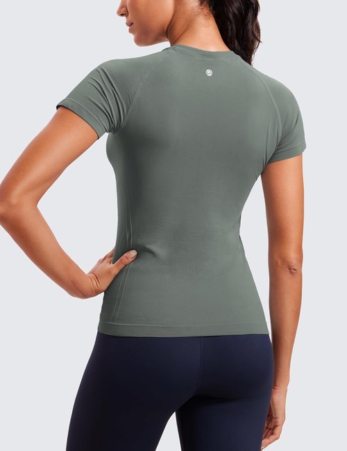 CRZ YOGA Seamless Workout Tops for Women - Breathable Short Sleeve Athletic Tees in Hip Length