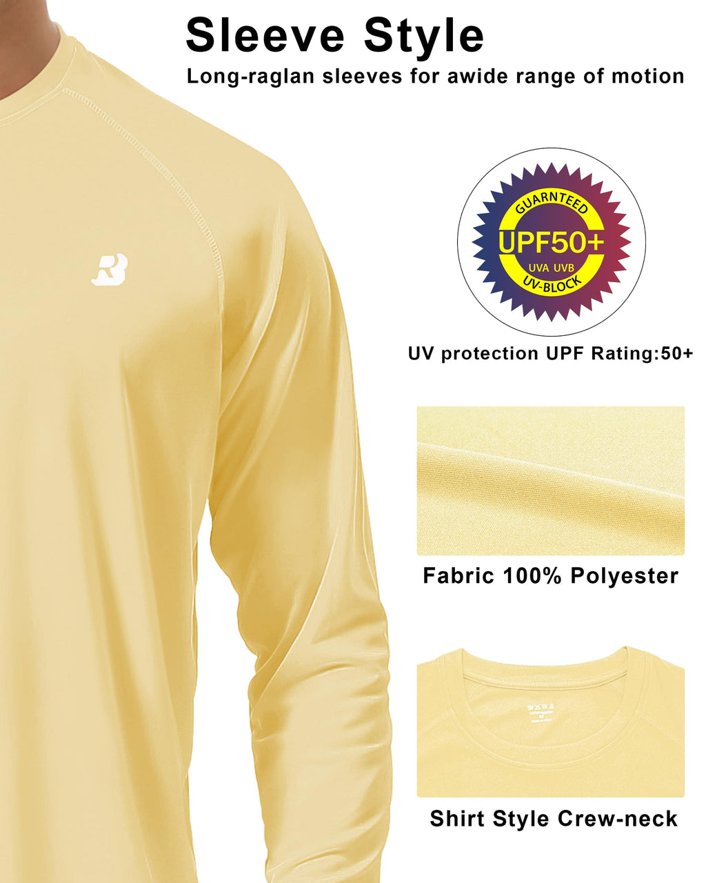Roadbox Mens UPF 50+ Long Sleeve SPF Diving Rash Guard UV Sun Protection Shirts for Outdoor Fishing Hiking Swimming Running Yellow