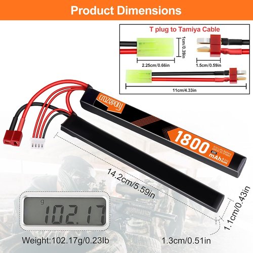 Crazepony 11.1V Airsoft Battery - Rechargeable 3S LiPo 1800mAh Nunchuck Split Pack with T Plug | Mini Tamiya Cable