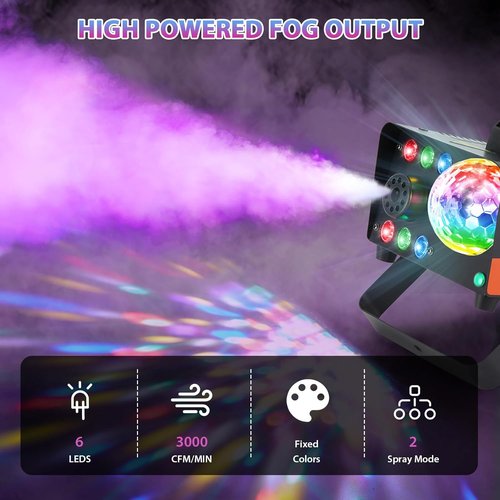 HAKUTA Fog Machine - 3000 CFM Smoke Machine with Disco Ball & LED RGB Lights | Perfect for Parties & Events