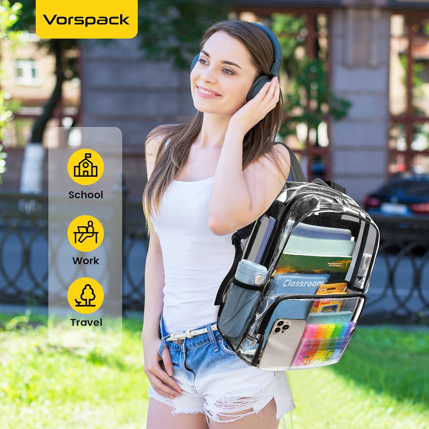 Vorspack Clear Backpack - Heavy Duty Large See-Through Bookbag for School & Work | Black