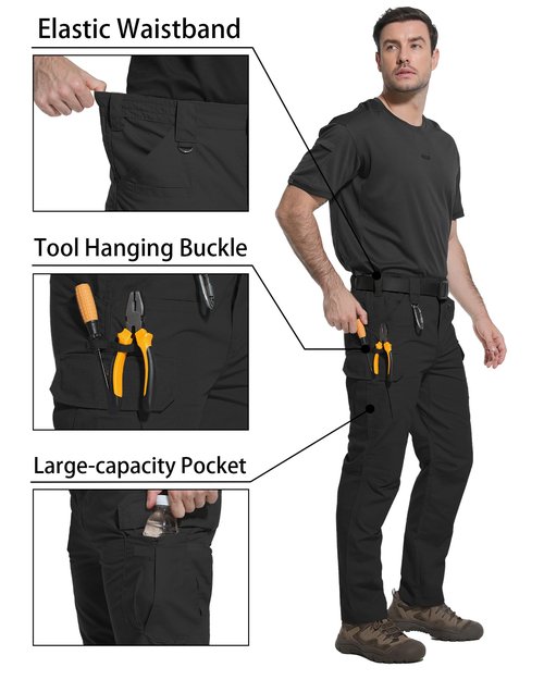 LGNTBE Men's Cargo Work Pants Lightweight Ripstop Water, Resistant for Hiking, Tactical Missions with 7-Pocket, Black, 34Wx32L