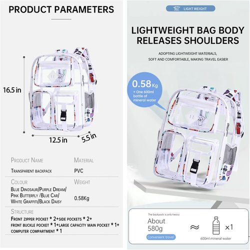 Clear Backpack by [Brand Name] - Heavy Duty PVC for Stadium, Travel & Work | Dual Zippered Compartments & Mesh Pockets (White)