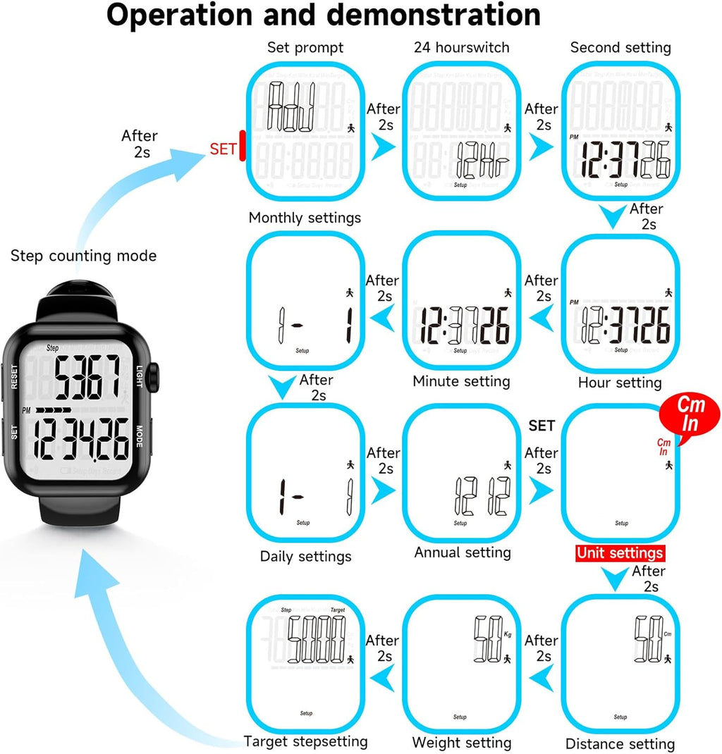 Skiennix Pedometer Watch - Multi-Function Step Counter for Accurate Walking Tracking | Ideal for Men, Women, Seniors