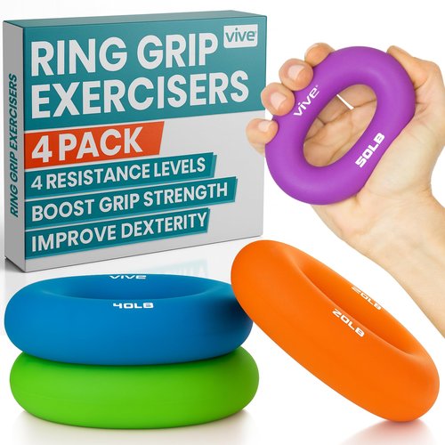 Vive Hand Strengthener Grip Ring (4 Pack) - Forearm Ring Hand Exercisers - Silicone Squeezer Gripper for Muscle Strengthening Training Tool - Arthritis Finger Physical Therapy PT Kit Trainer