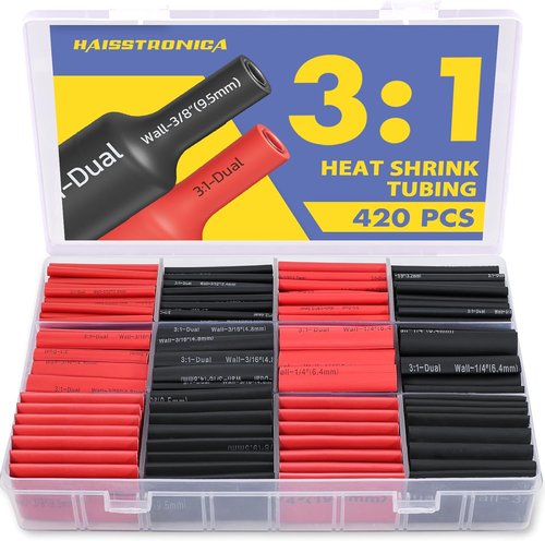 Haisstronica 420PCS Heat Shrink Tubing Kit - Marine Grade Adhesive Lined, 7 Sizes, 1.75" Length - Black & Red