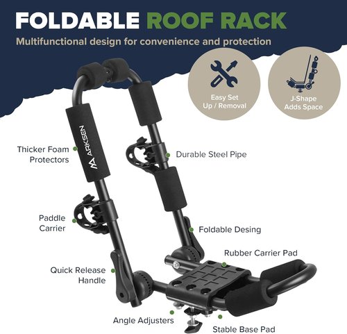 ARKSEN Universal Folding Kayak Roof Rack - Heavy Duty Adjustable J-Bar Carrier for Cars & SUVs