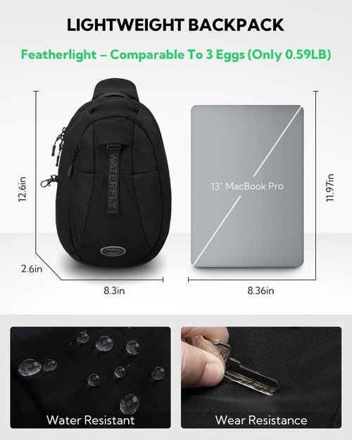 WATERFLY Small Crossbody Sling Backpack: RFID Blocking Anti Theft Sling Bag Travel Daypack Man Woman