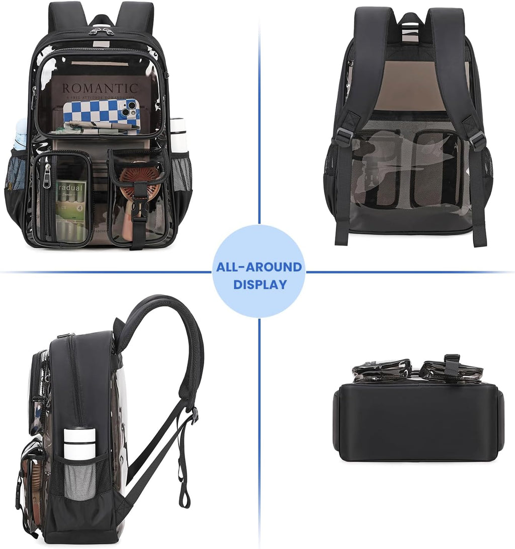 Skiennix Clear Backpack - Heavy Duty Transparent Bookbag for School | Semi-Black with Badge Holder