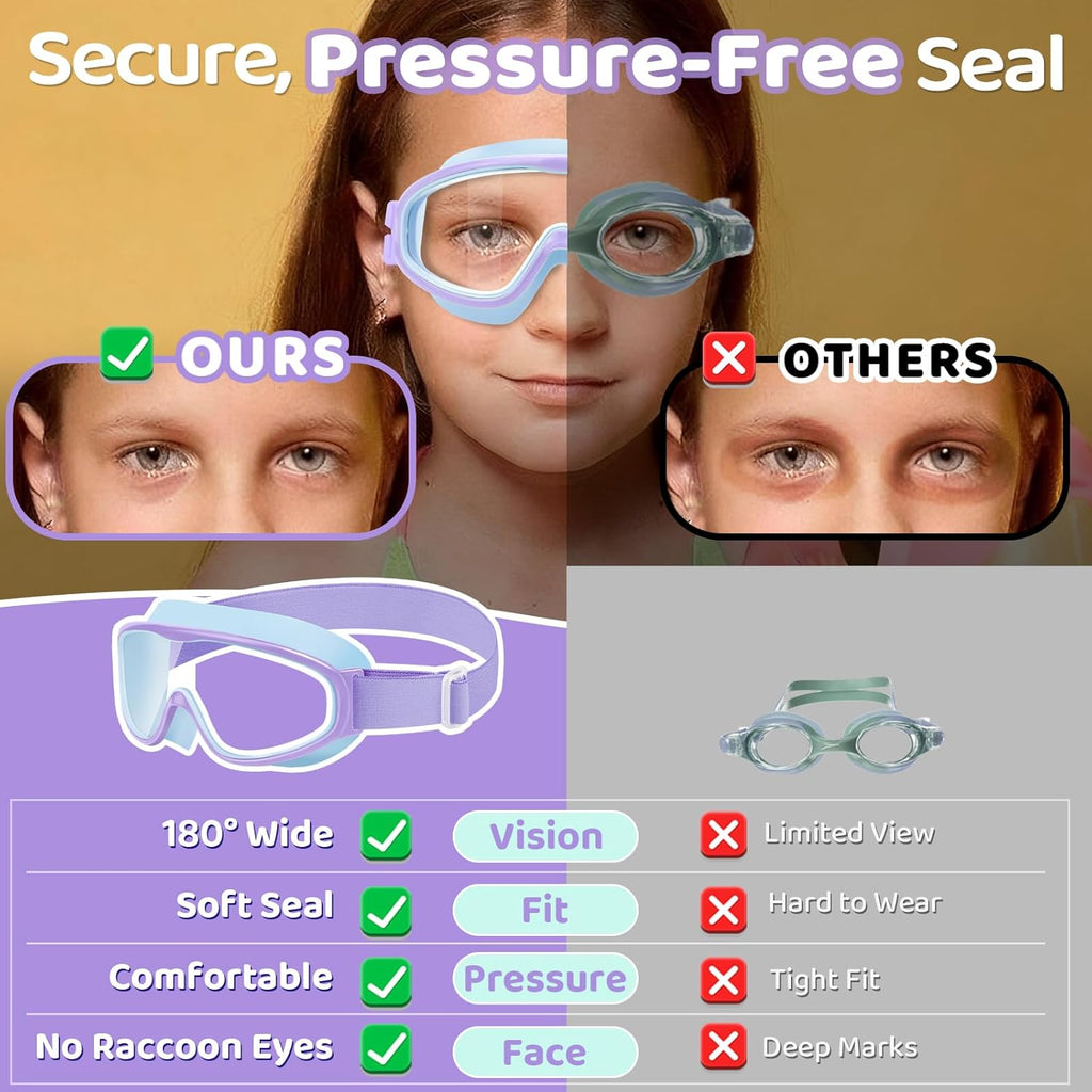 Vvinca Kids Swim Goggles - Anti-Fog, UV Protection, No Leak Design | 2 Pack with Comfort Strap for Ages 3-14