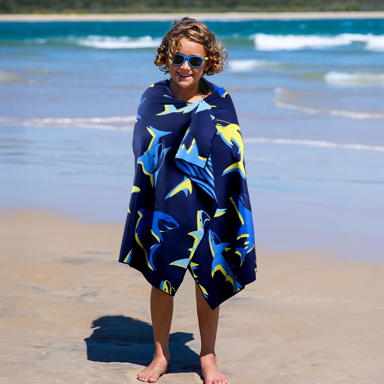 MelonBoat Large Microfiber Beach Towel: Bright Yellow Blue Shark Beach Towel for Travel, Super Absorbent Quick Dry Sand Free, Lightweight Compact for Kids Trip Vacation Bath Camping Pool Swim, 1 Pack