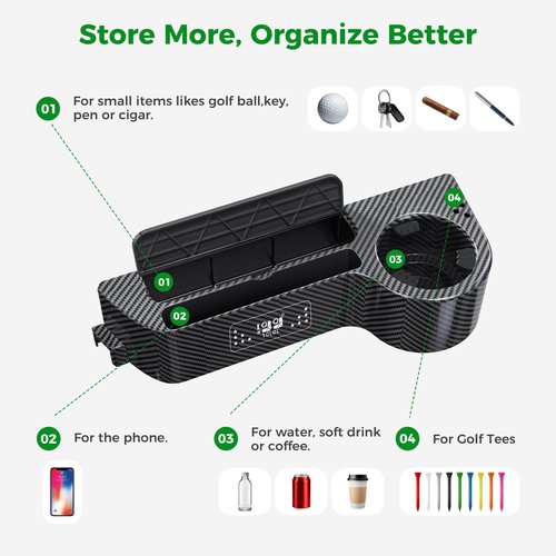 10L0L Golf Cart Armrest with Cup Holder Universal for EZGO Club Car Yamaha No Drilling Required Fits 1.0"/1-1/4" Square Tube Frame Premium Rear Seat Arm Rest with Phone Holder/Storage - Carbon Fiber