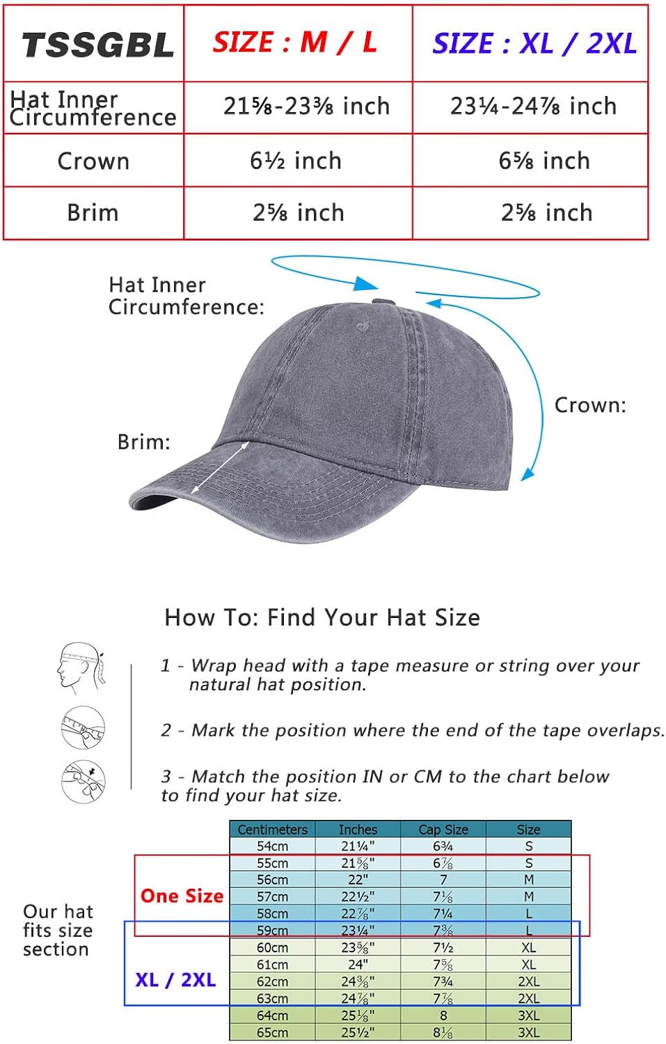 TSSGBL Vintage Cotton Baseball Cap - Unstructured, Adjustable Distressed Dad Hat for Men & Women | Small - XXL