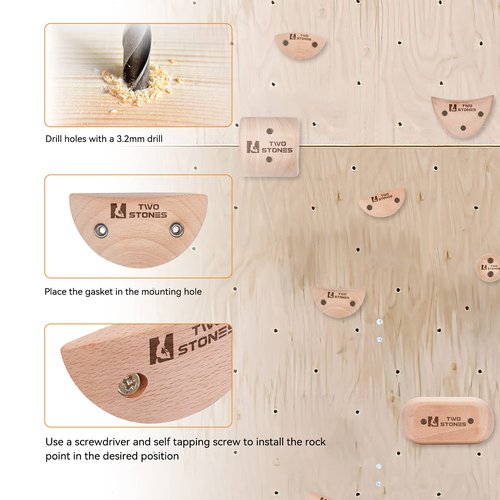 TWO STONES Wooden Rock Climbing Holds Kids and Adults | Wood Rock Wall Climbing Holds Kids and Gyms | Variety Screw On Climbing Hand Holds Set with Mounting Hardware