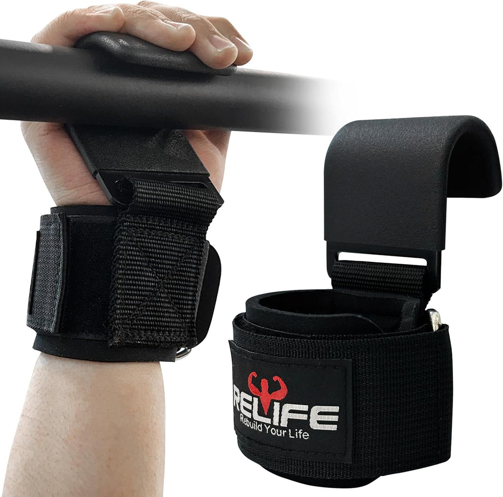 RELIFE Lifting Hooks for Men & Women - Heavy-Duty Pull Up Straps & Wrist Grips for Powerlifting