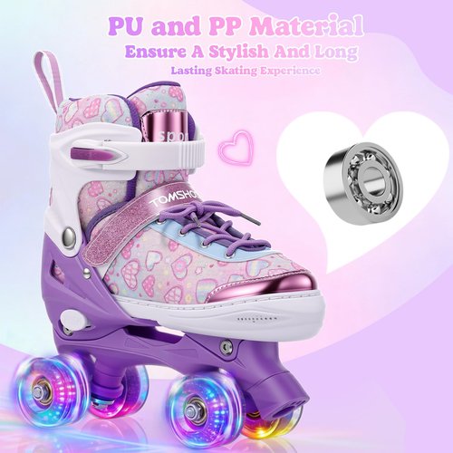 TOMSHOO Kids Roller Skates for Girls Toddlers Youth 4 Sizes Adjustable Quad Skates with Light up Wheels Children Skates for Indoor Outdoor (Heart Purple, Large)