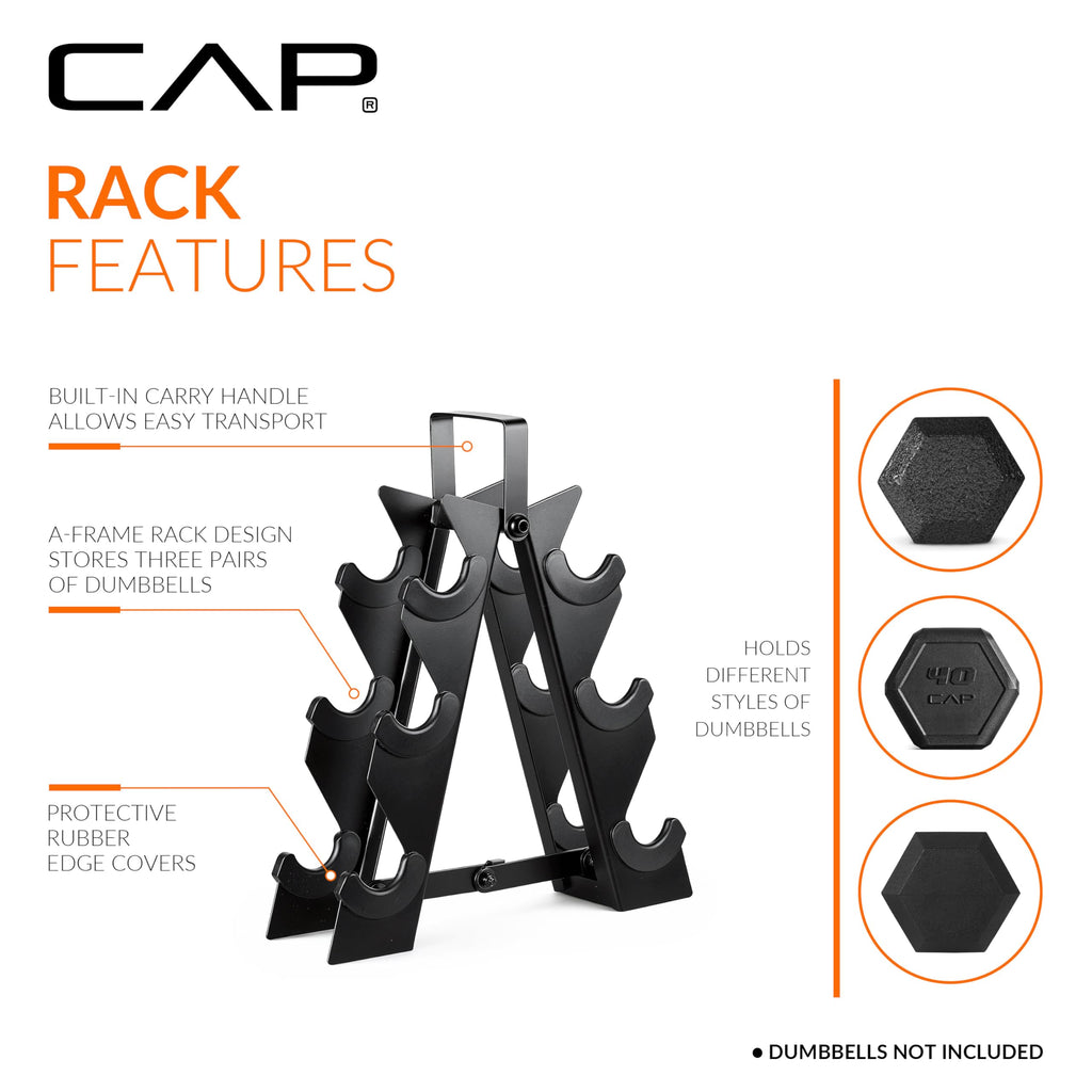 CAP Barbell 60 lb Neoprene Hex Dumbbell Weight Set with a Vertical A-Frame Rack - Black