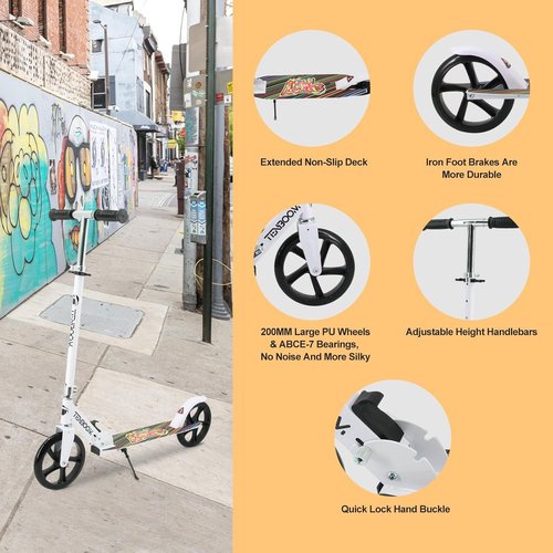 Kick Scooter for Ages 6+, Kids, Teens & Adults. Max Load 240 LBS. 8IN Big Wheels for Kids, Teens & Adults, 3 Adjustable Levels (White)