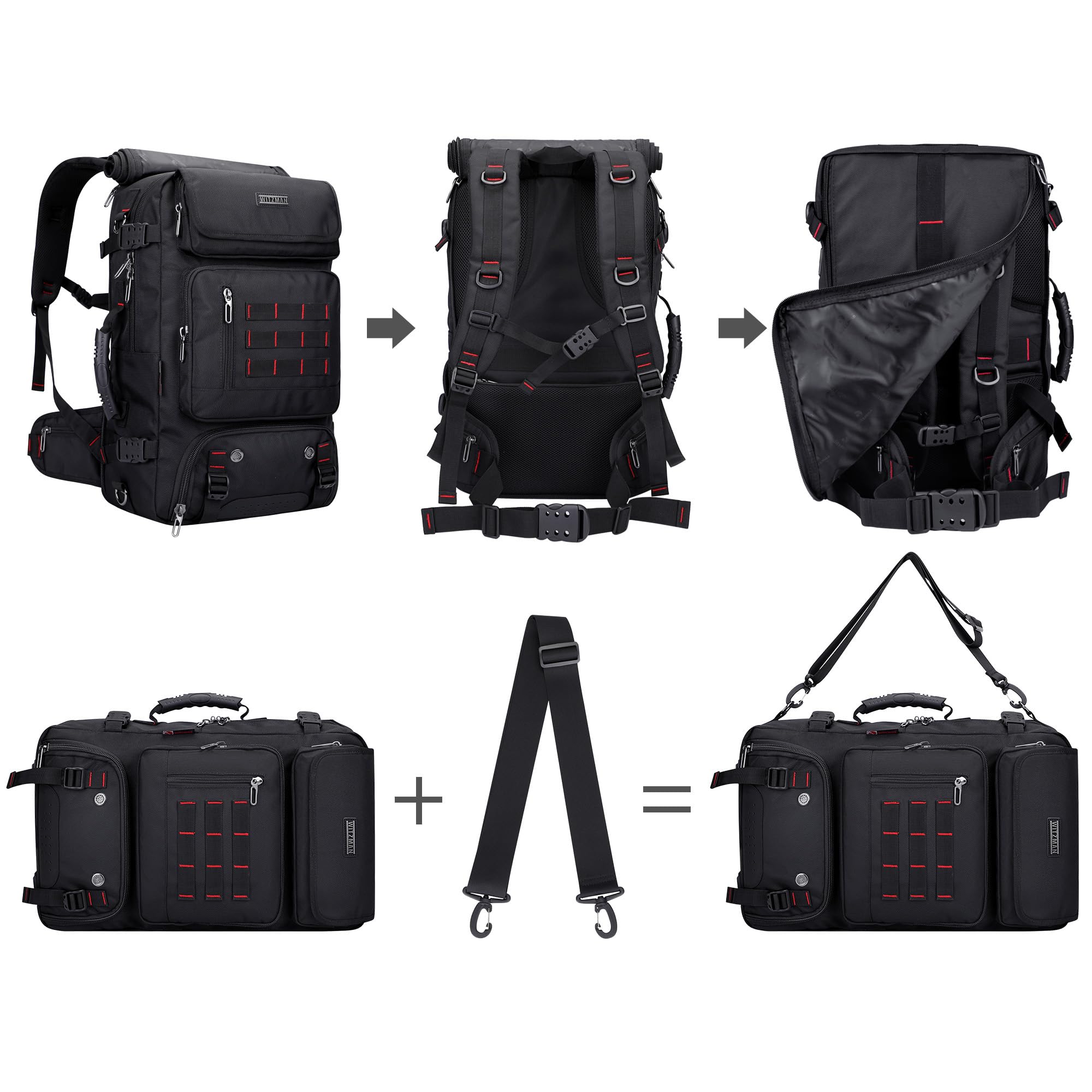 WITZMAN Carry on Travel Backpack for Men Women Airline Approved Convertible Nylon Duffle Backpack Luggage Bag (B682 Black)