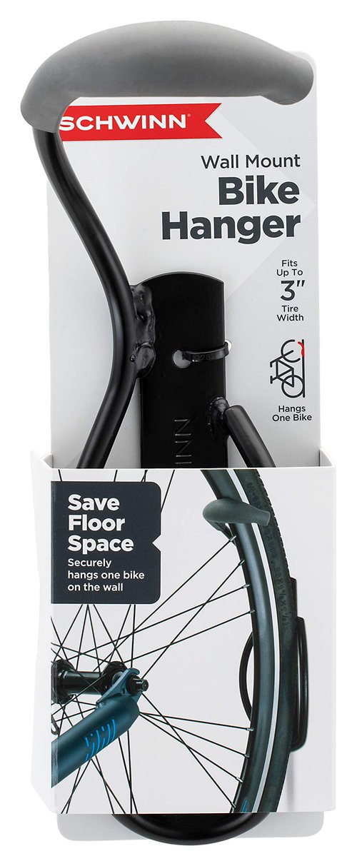 Schwinn Wall Mount Bike Hanger, Space Saving Vertical Garage Storage for Bicycle, Fits Up to 3 Inch Tire Width, Can Hold Up to 50 lbs., Hangs One Bike, Black
